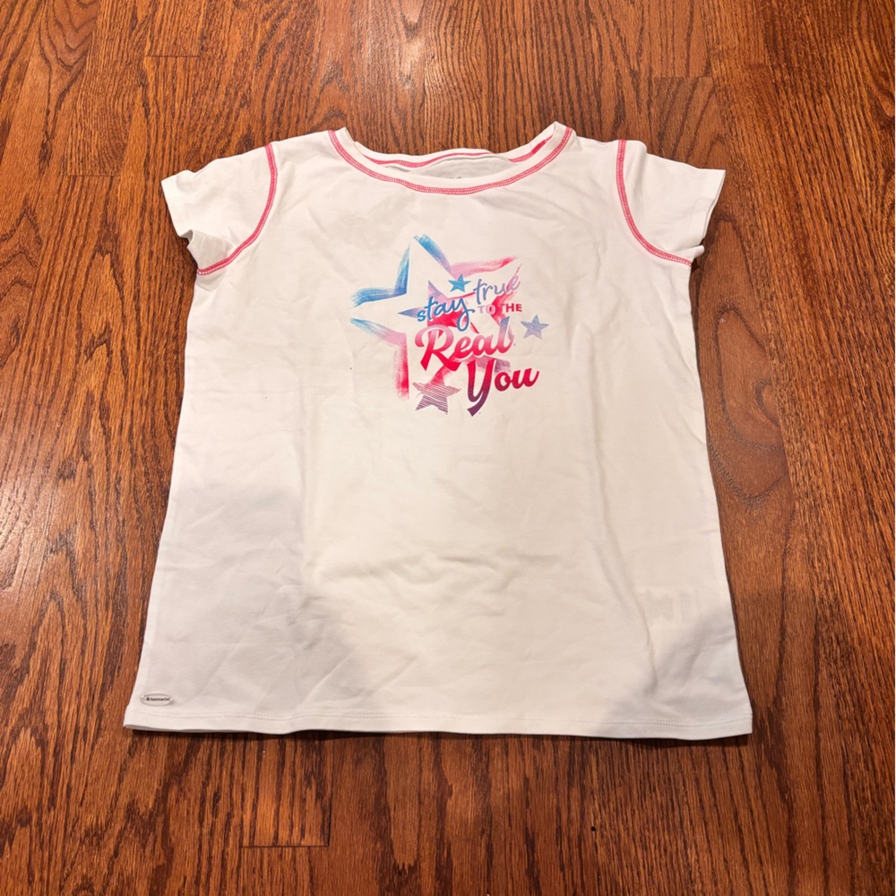 American Girl White Tee with Pink Stitching